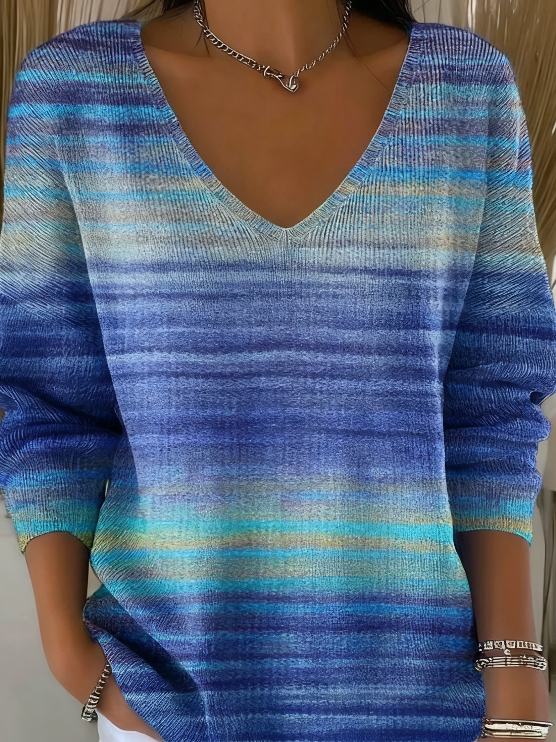 Damen Farbverlauf Frühling/Herbst Lässig Langarm V-Ausschnitt Baumwolle Pullover