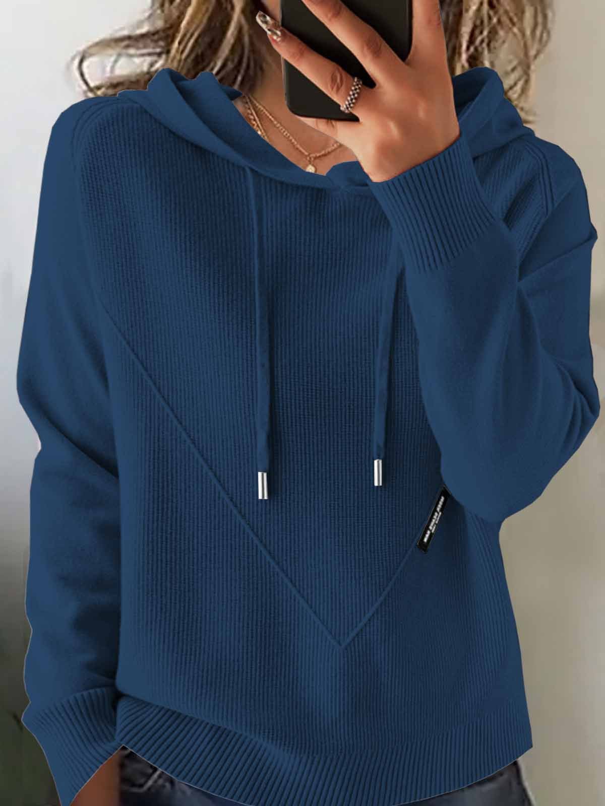 Damen Unifarben Winter Retro Langarm Kapuze Pullover
