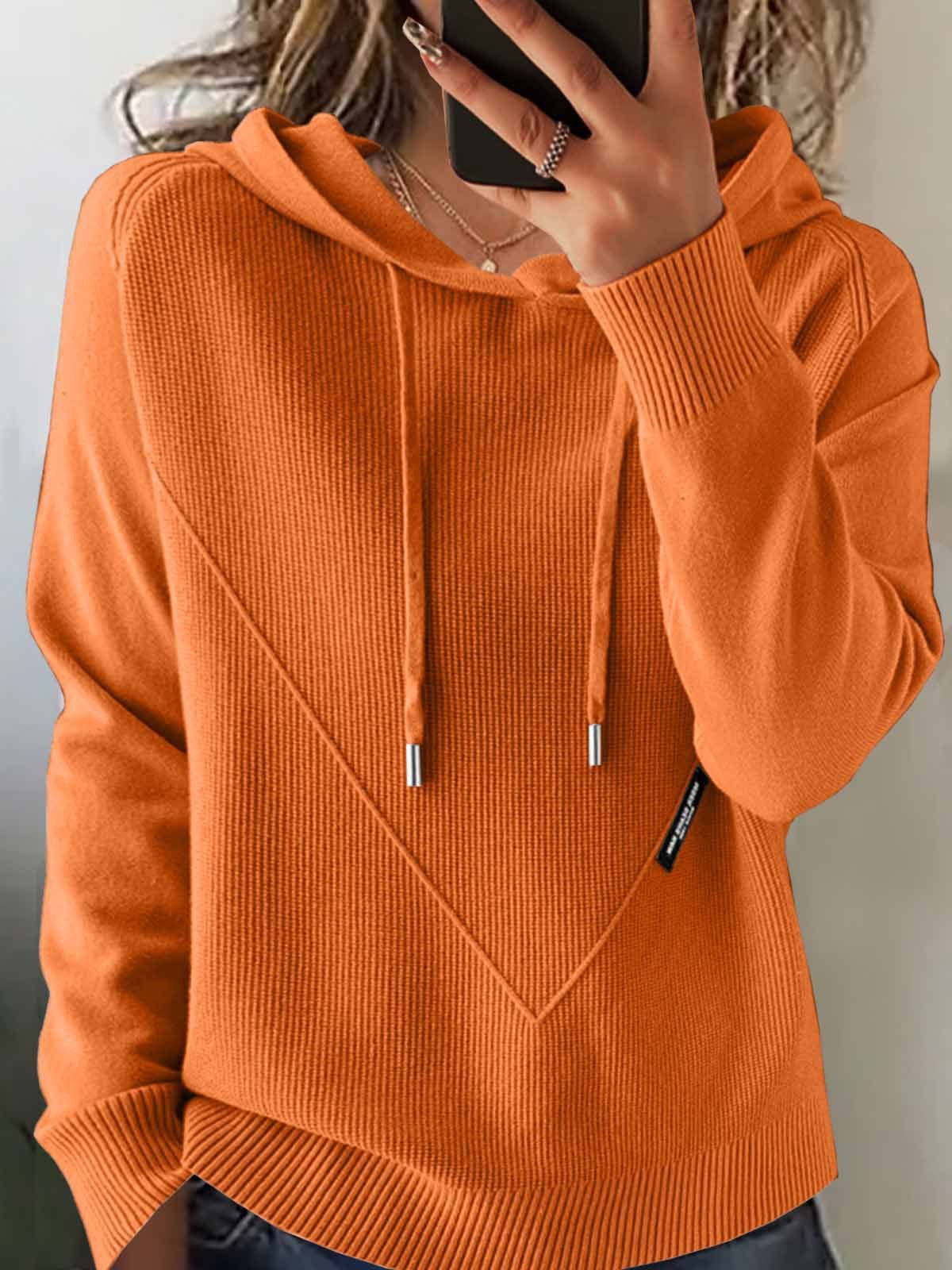 Damen Unifarben Winter Retro Langarm Kapuze Pullover
