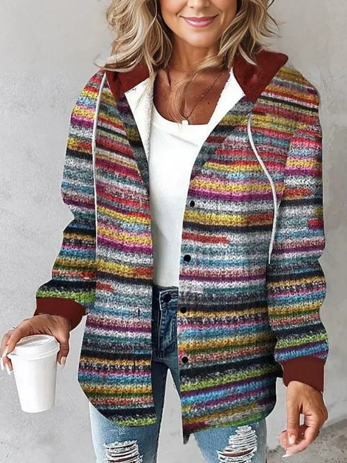 Damen Frühling/Herbst Oberbekleidung Retro Print Gestreift Langarm Stehkragen Jacke