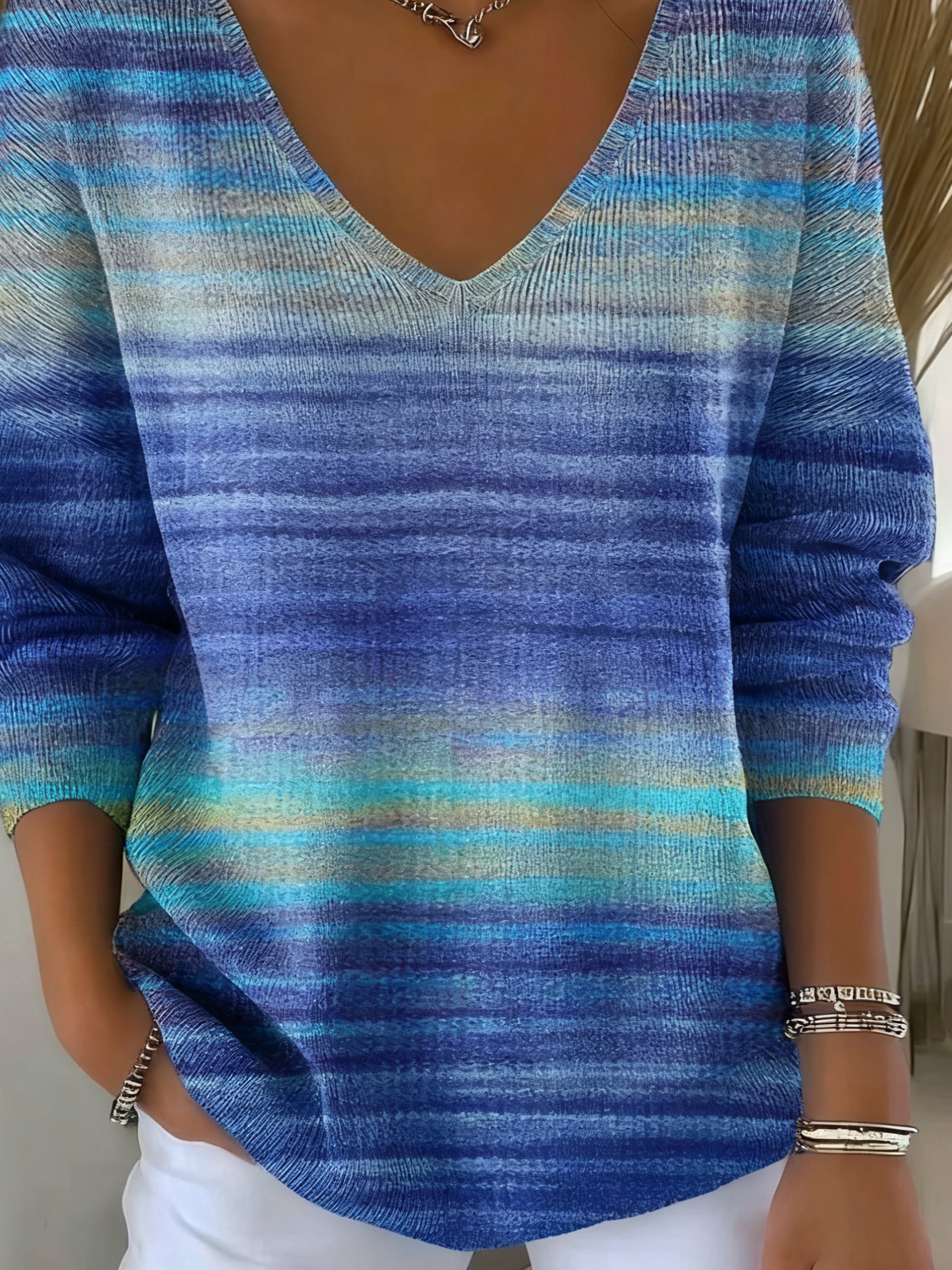 Damen Farbverlauf Frühling/Herbst Lässig Langarm V-Ausschnitt Baumwolle Pullover