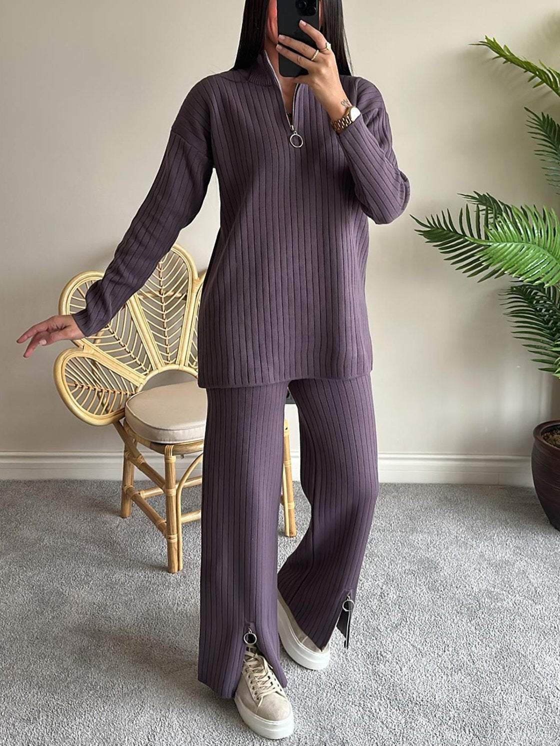 Damen Unifarben Nahtverarbeitung Zweiteiliges Set Täglich Langarm Lässig Frühling/Herbst Bluse mit Hose Matching Set