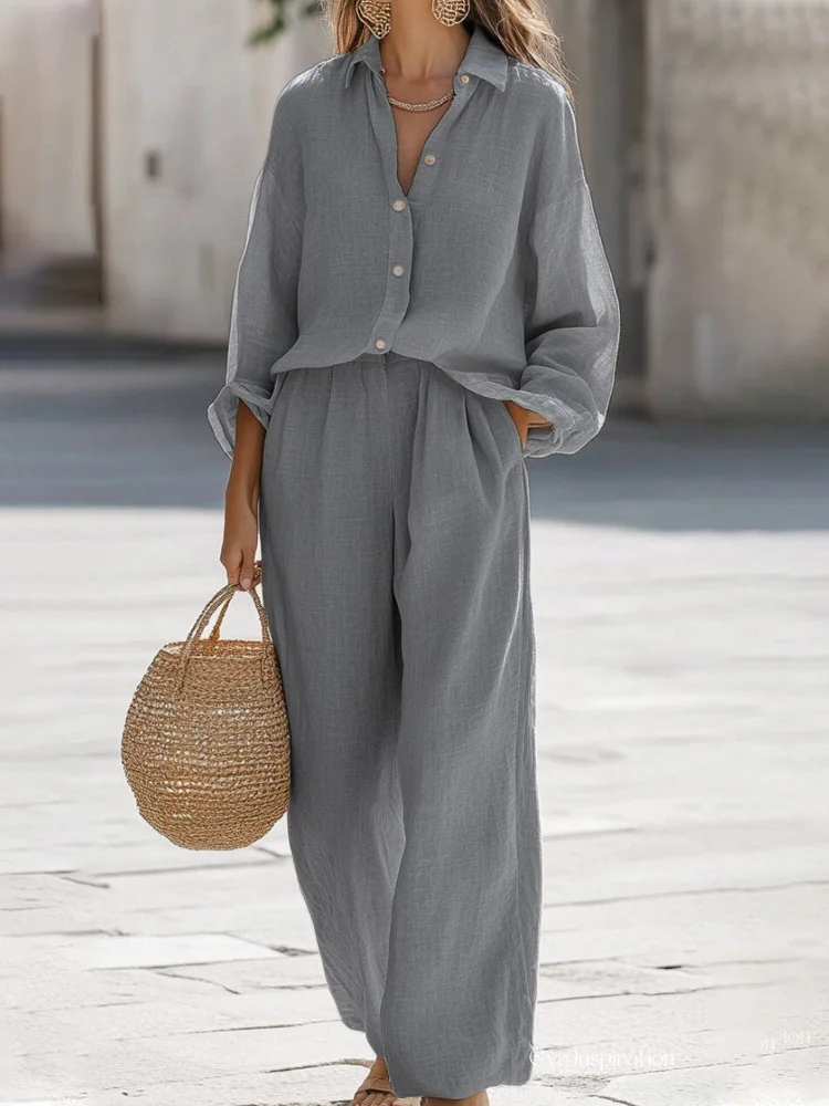 Damen Unifarben Nahtverarbeitung Zweiteiliges Set Täglich Langarm Lässig Frühling/Herbst Bluse mit Hose Matching Set