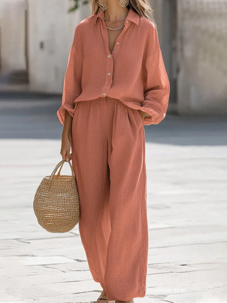 Damen Unifarben Nahtverarbeitung Zweiteiliges Set Täglich Langarm Lässig Frühling/Herbst Bluse mit Hose Matching Set