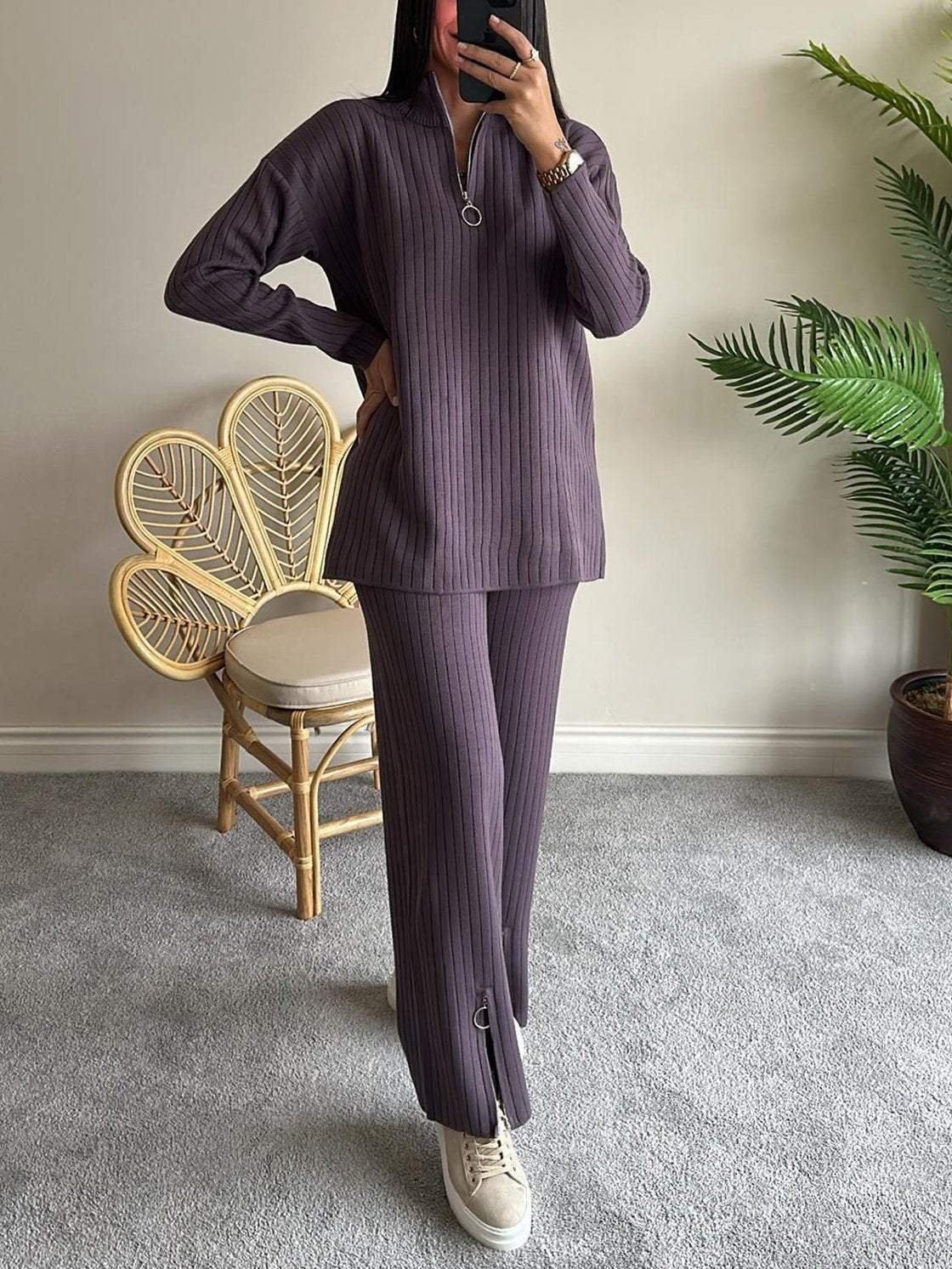 Damen Unifarben Nahtverarbeitung Zweiteiliges Set Täglich Langarm Lässig Frühling/Herbst Bluse mit Hose Matching Set