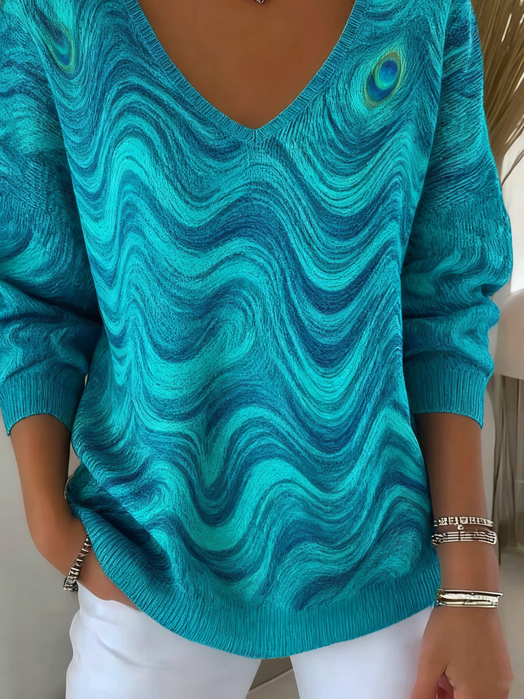 Damen Farbverlauf Frühling/Herbst Lässig Langarm V-Ausschnitt Baumwolle Pullover