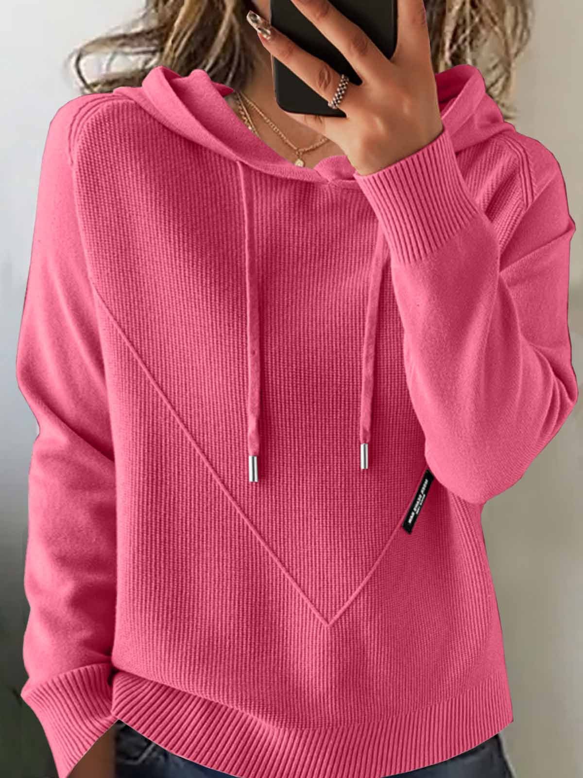 Damen Unifarben Winter Retro Langarm Kapuze Pullover