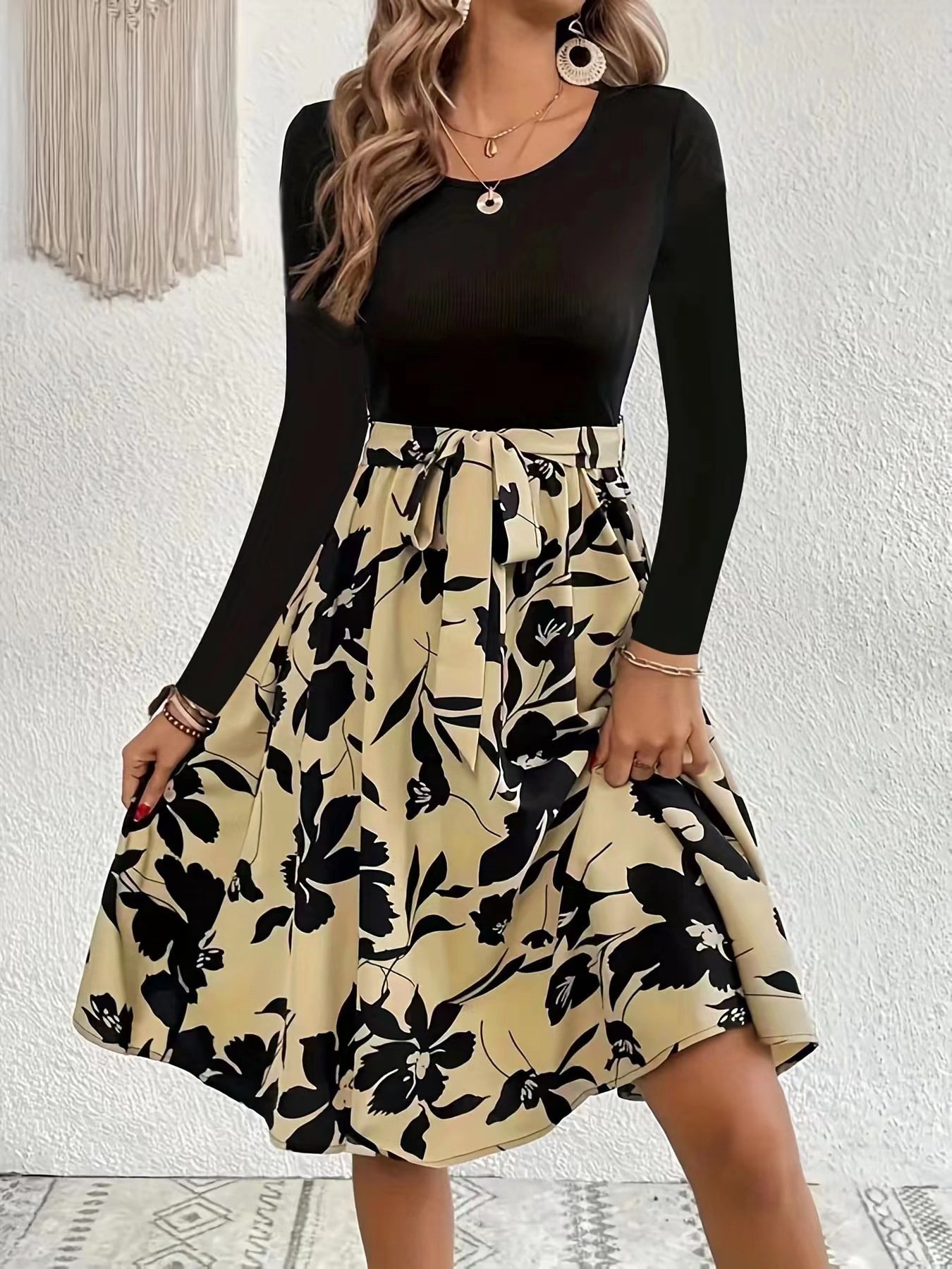 Damen Geblümt Langarm Frühling/Herbst Print Kleid Rundhals Täglich Retro Mini Tanktop A-Linien-Kleid