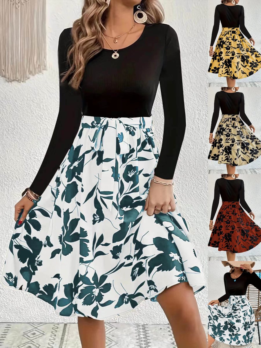 Damen Geblümt Langarm Frühling/Herbst Print Kleid Rundhals Täglich Retro Mini Tanktop A-Linien-Kleid