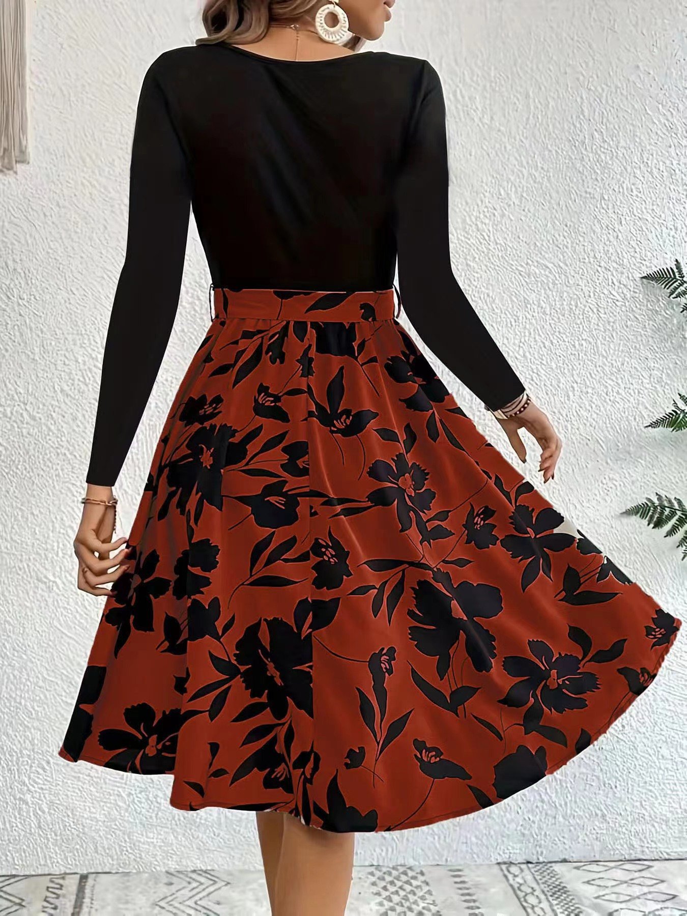 Damen Geblümt Langarm Frühling/Herbst Print Kleid Rundhals Täglich Retro Mini Tanktop A-Linien-Kleid