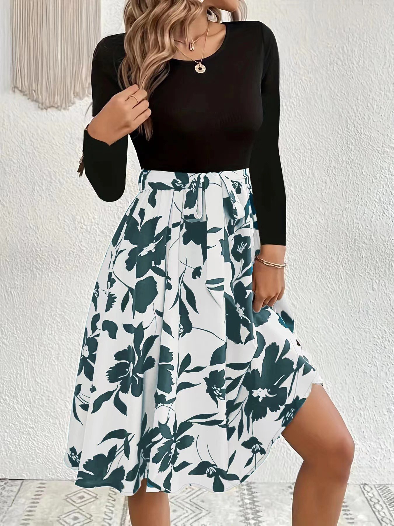 Damen Geblümt Langarm Frühling/Herbst Print Kleid Rundhals Täglich Retro Mini Tanktop A-Linien-Kleid