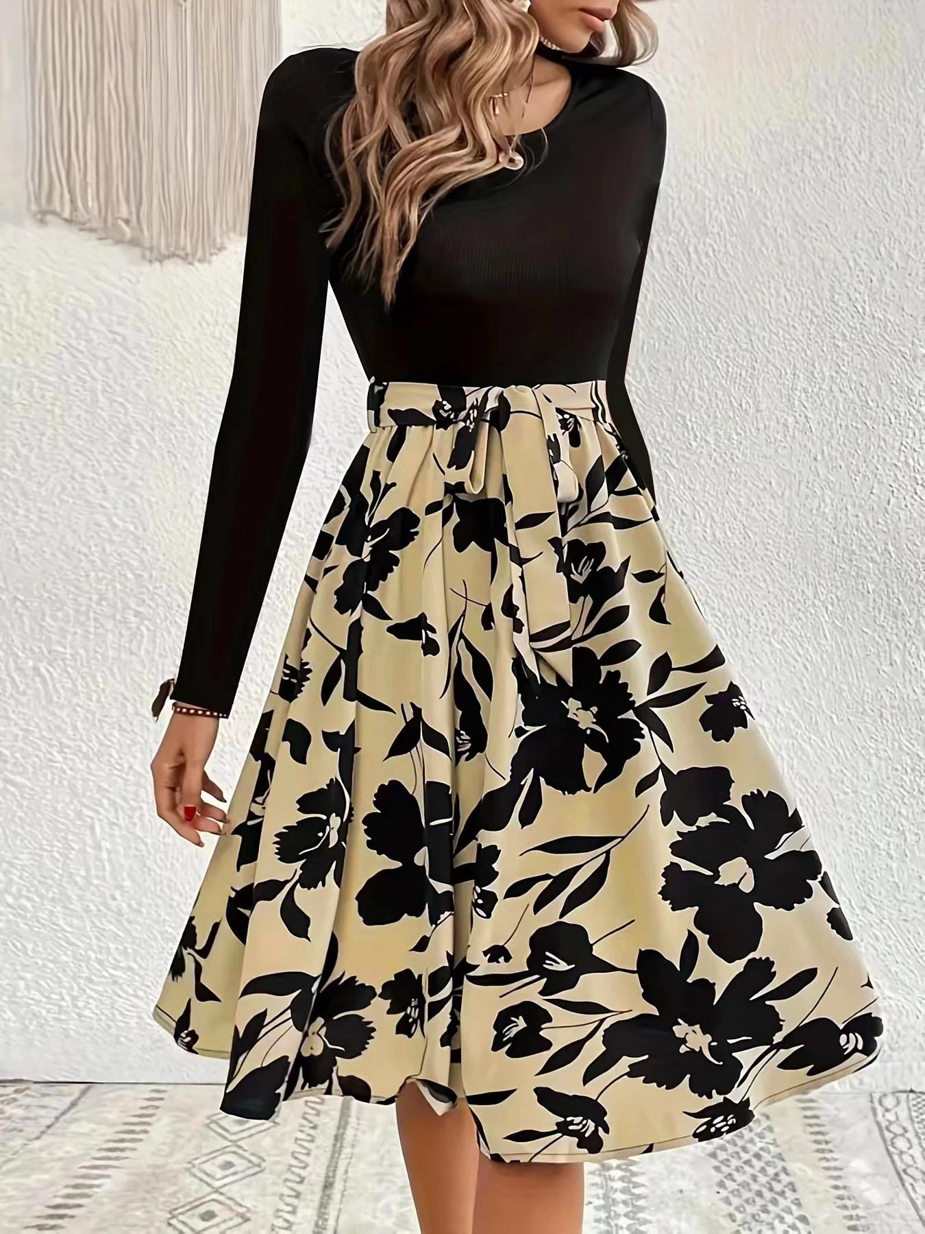 Damen Geblümt Langarm Frühling/Herbst Print Kleid Rundhals Täglich Retro Mini Tanktop A-Linien-Kleid