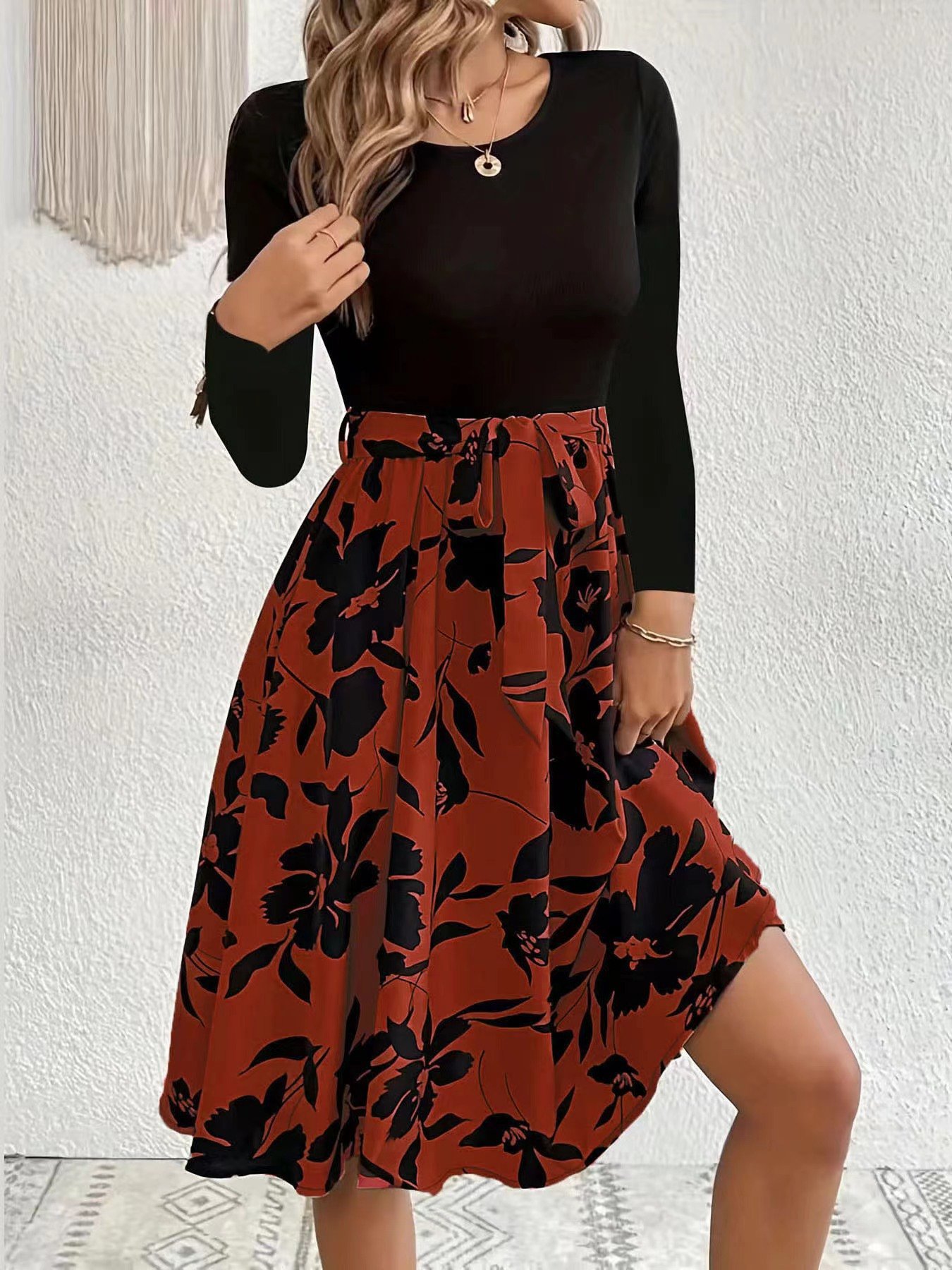 Damen Geblümt Langarm Frühling/Herbst Print Kleid Rundhals Täglich Retro Mini Tanktop A-Linien-Kleid