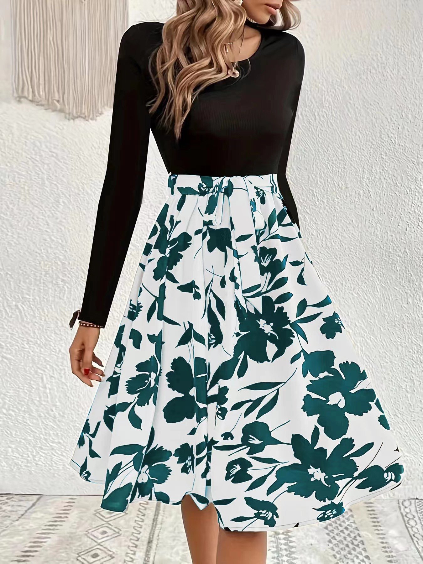 Damen Geblümt Langarm Frühling/Herbst Print Kleid Rundhals Täglich Retro Mini Tanktop A-Linien-Kleid