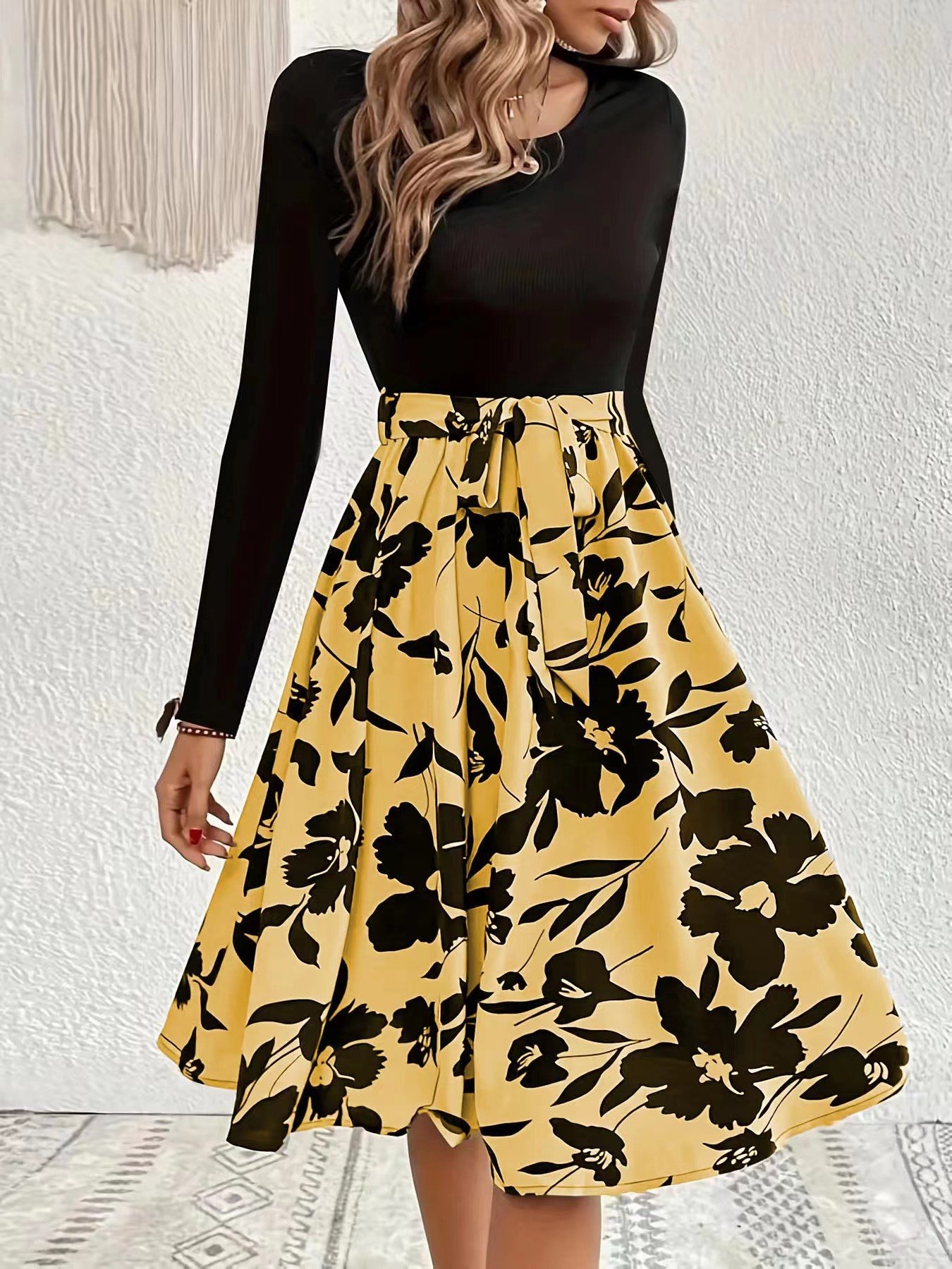 Damen Geblümt Langarm Frühling/Herbst Print Kleid Rundhals Täglich Retro Mini Tanktop A-Linien-Kleid