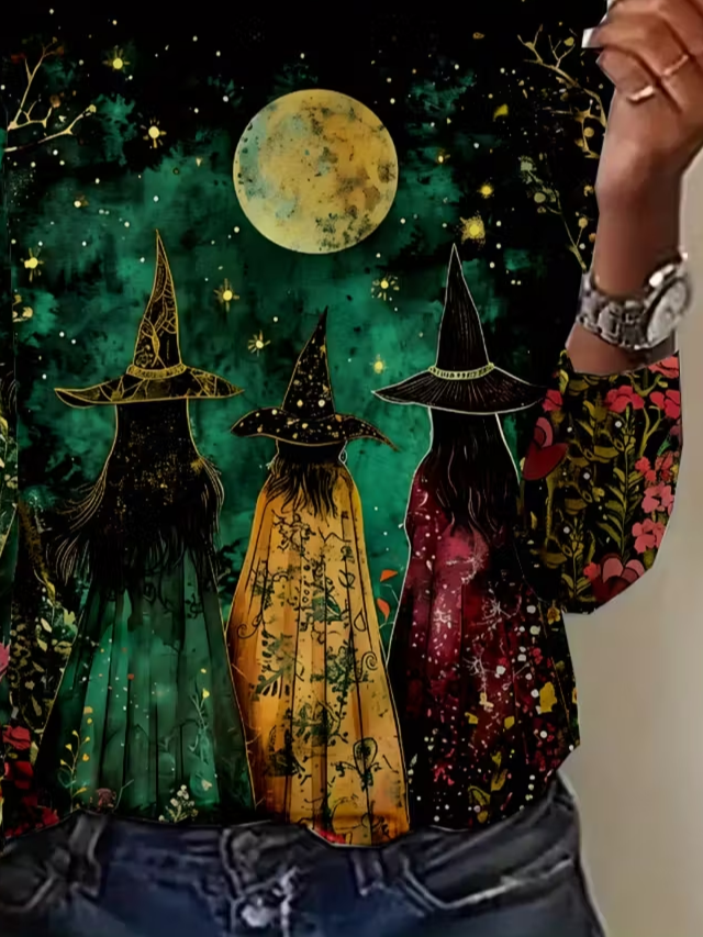 Damen Halloween Langarm T-Shirts T-Shirt Rundhals Print Lässig Frühling/Herbst T-Shirt mit Grafik Oberteile