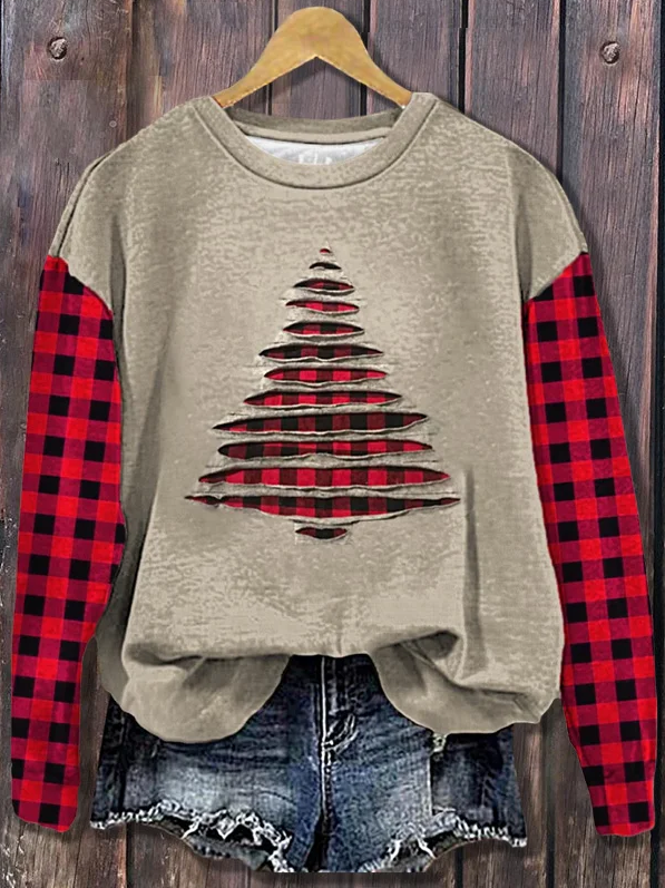 Damen Kariert Rundhals Print Lässig Frühling/Herbst Langarm Sweatshirt
