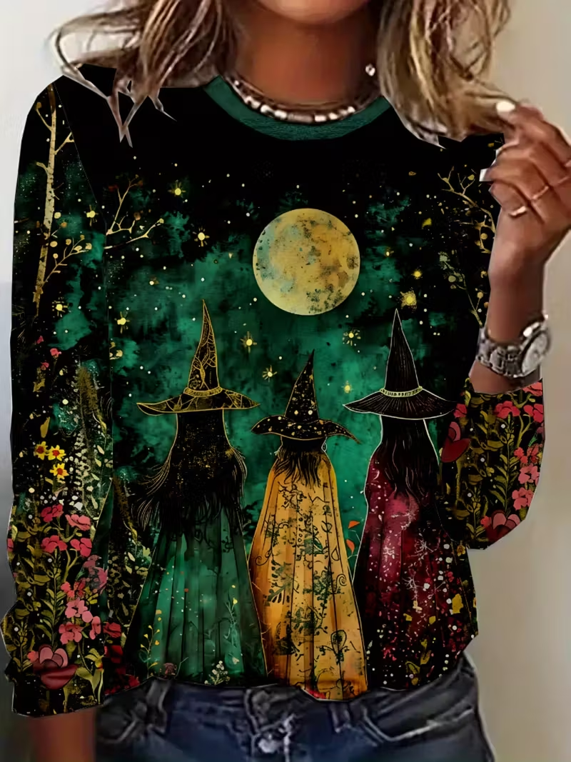 Damen Halloween Langarm T-Shirts T-Shirt Rundhals Print Lässig Frühling/Herbst T-Shirt mit Grafik Oberteile