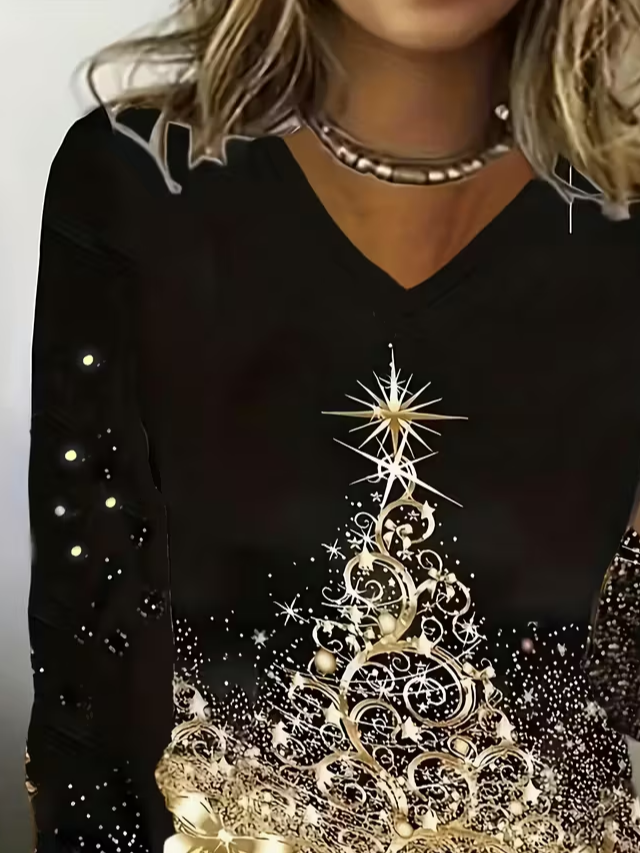 Damen Weihnachten Langarm T-Shirts T-Shirt V-Ausschnitt Print Lässig Frühling/Herbst T-Shirt mit Grafik Oberteile