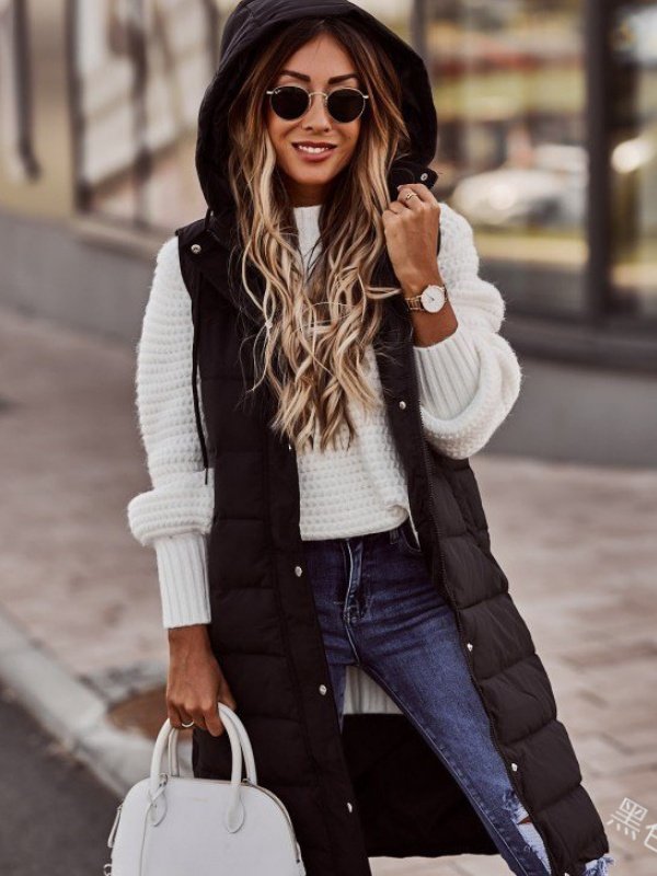 Reißverschluss Unifarben Elegant Baumwolle Mantel Unifarben Mit Kapuze Einreiher Mittlere Länge Baumwolle Tanktop Schmal Passen Temperament Strickjacke Jacke Oberteile