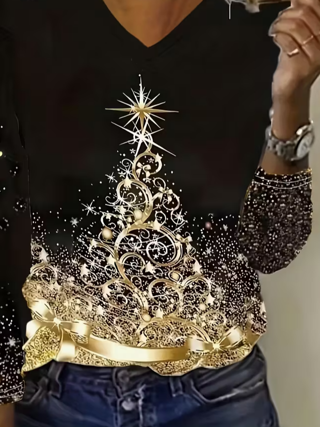 Damen Weihnachten Langarm T-Shirts T-Shirt V-Ausschnitt Print Lässig Frühling/Herbst T-Shirt mit Grafik Oberteile