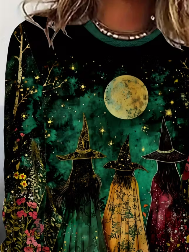 Damen Halloween Langarm T-Shirts T-Shirt Rundhals Print Lässig Frühling/Herbst T-Shirt mit Grafik Oberteile