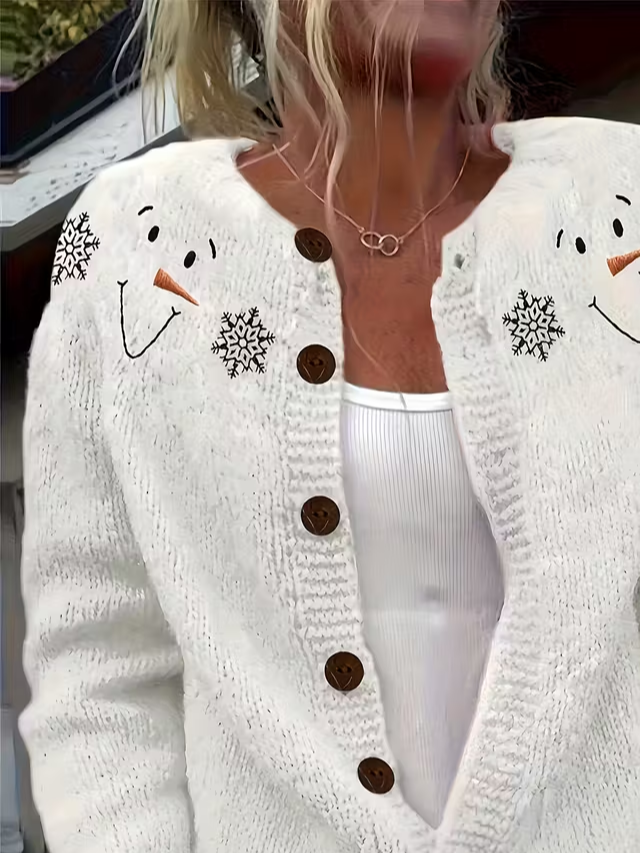 Damen Weihnachtsschneemann Print Langarm Rundhals Retro Frühling/Herbst Strickjacke Oberbekleidung
