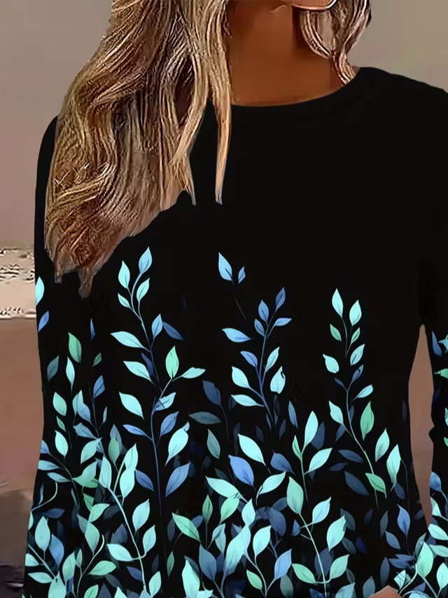 Damen Blätter Langarm T-Shirts T-Shirt Rundhals Print Lässig Frühling/Herbst T-Shirt mit Grafik Oberteile