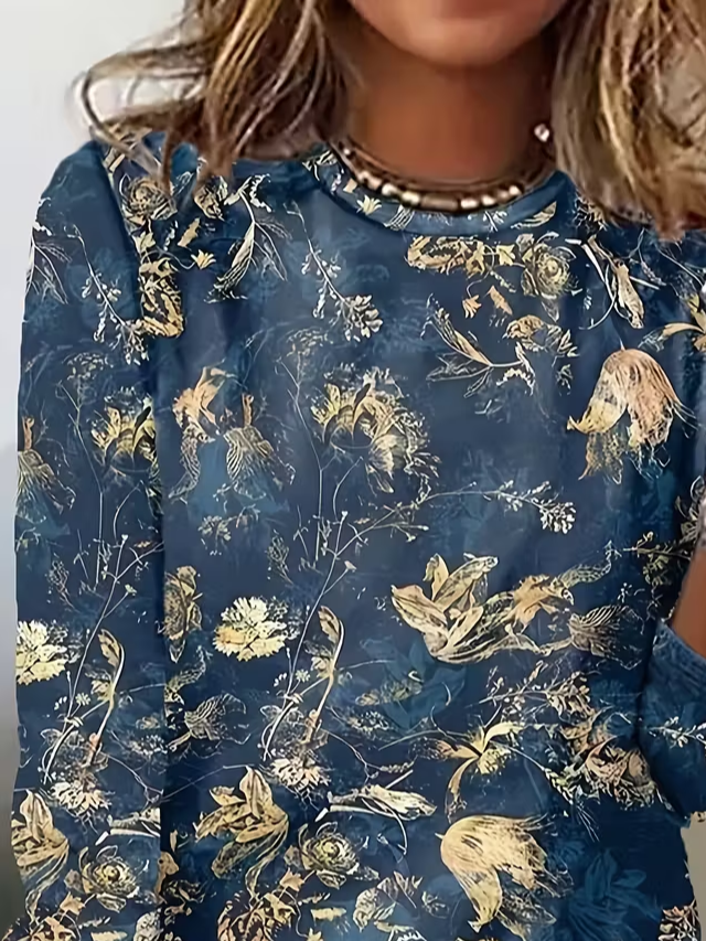 Damen Geblümt Langarm T-Shirts T-Shirt Rundhals Print Lässig Frühling/Herbst T-Shirt mit Grafik Oberteile