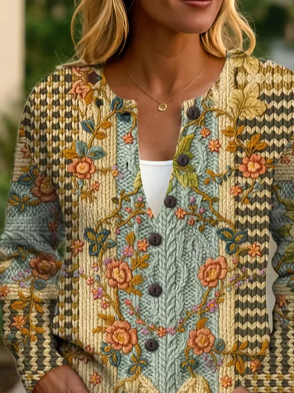 Damen Geblümt Print Langarm Rundhals Retro Frühling/Herbst Strickjacke Oberbekleidung