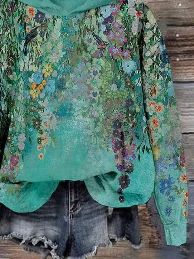 Damen Geblümt Frühling/Herbst Print Langarm Lässig Täglich Kapuze