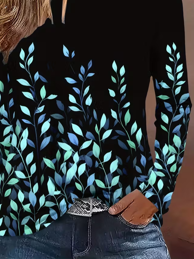 Damen Blätter Langarm T-Shirts T-Shirt Rundhals Print Lässig Frühling/Herbst T-Shirt mit Grafik Oberteile