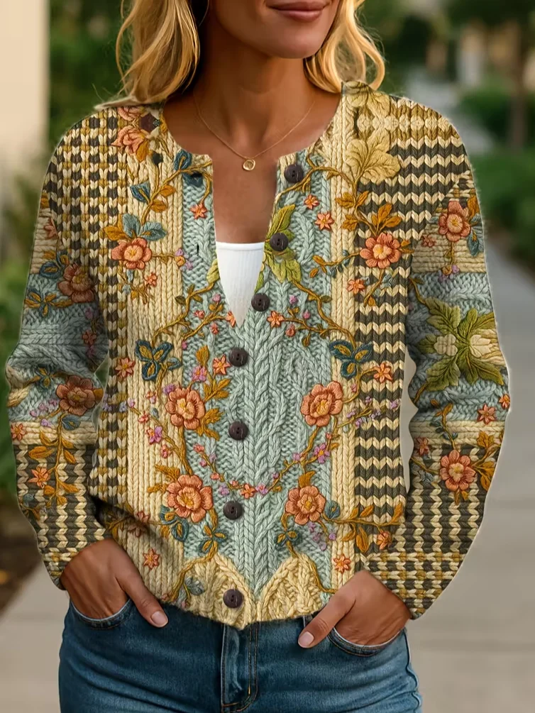 Damen Geblümt Print Langarm Rundhals Retro Frühling/Herbst Strickjacke Oberbekleidung