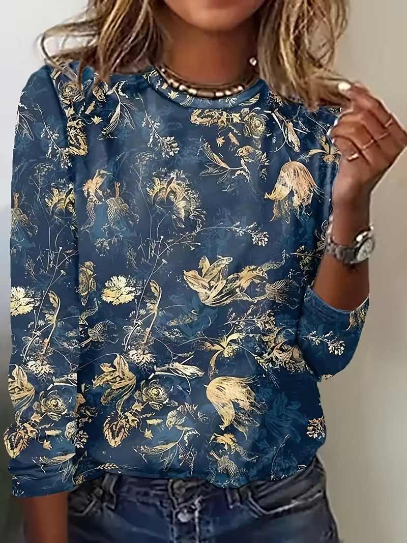 Damen Geblümt Langarm T-Shirts T-Shirt Rundhals Print Lässig Frühling/Herbst T-Shirt mit Grafik Oberteile