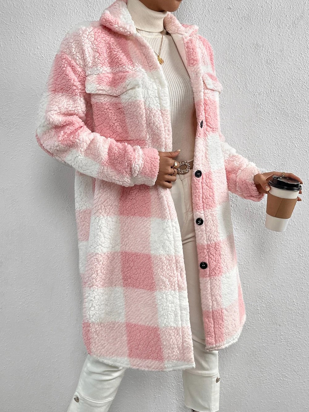 Damen Kariert Winter Oberbekleidung Lässig Print Mittellang Schalkragen Mantel