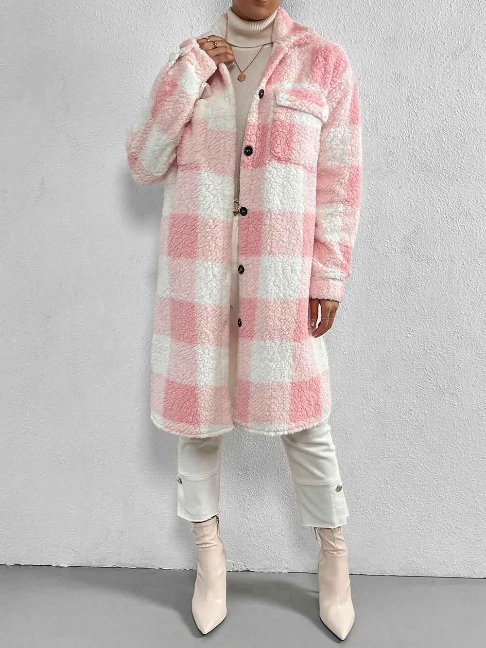 Damen Kariert Winter Oberbekleidung Lässig Print Mittellang Schalkragen Mantel
