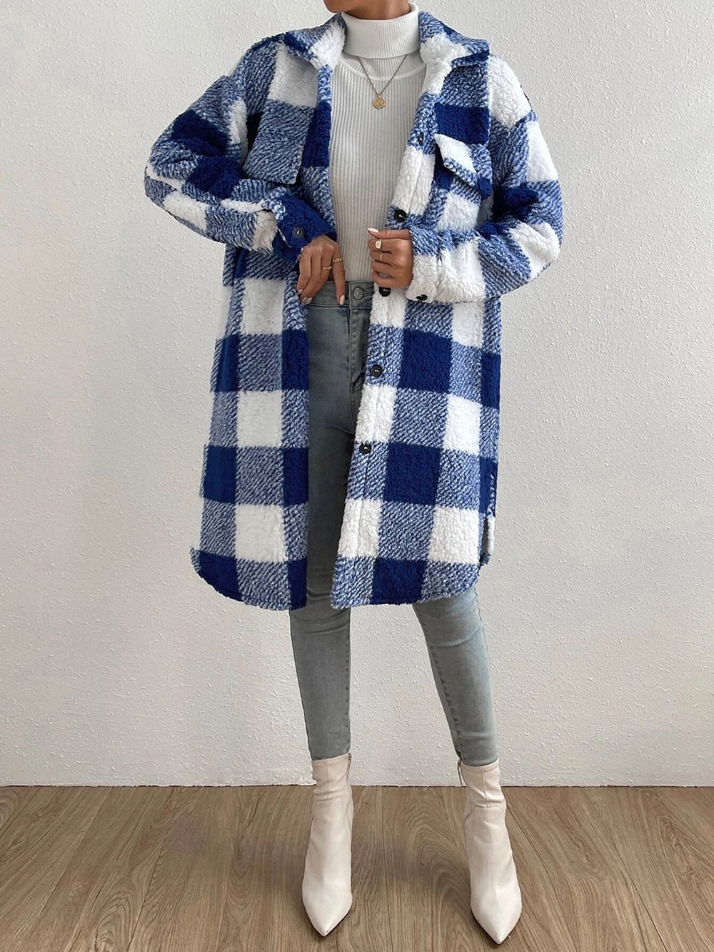 Damen Kariert Winter Oberbekleidung Lässig Print Mittellang Schalkragen Mantel