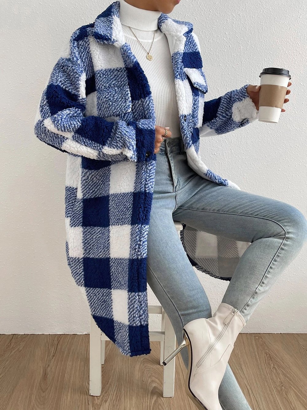 Damen Kariert Winter Oberbekleidung Lässig Print Mittellang Schalkragen Mantel