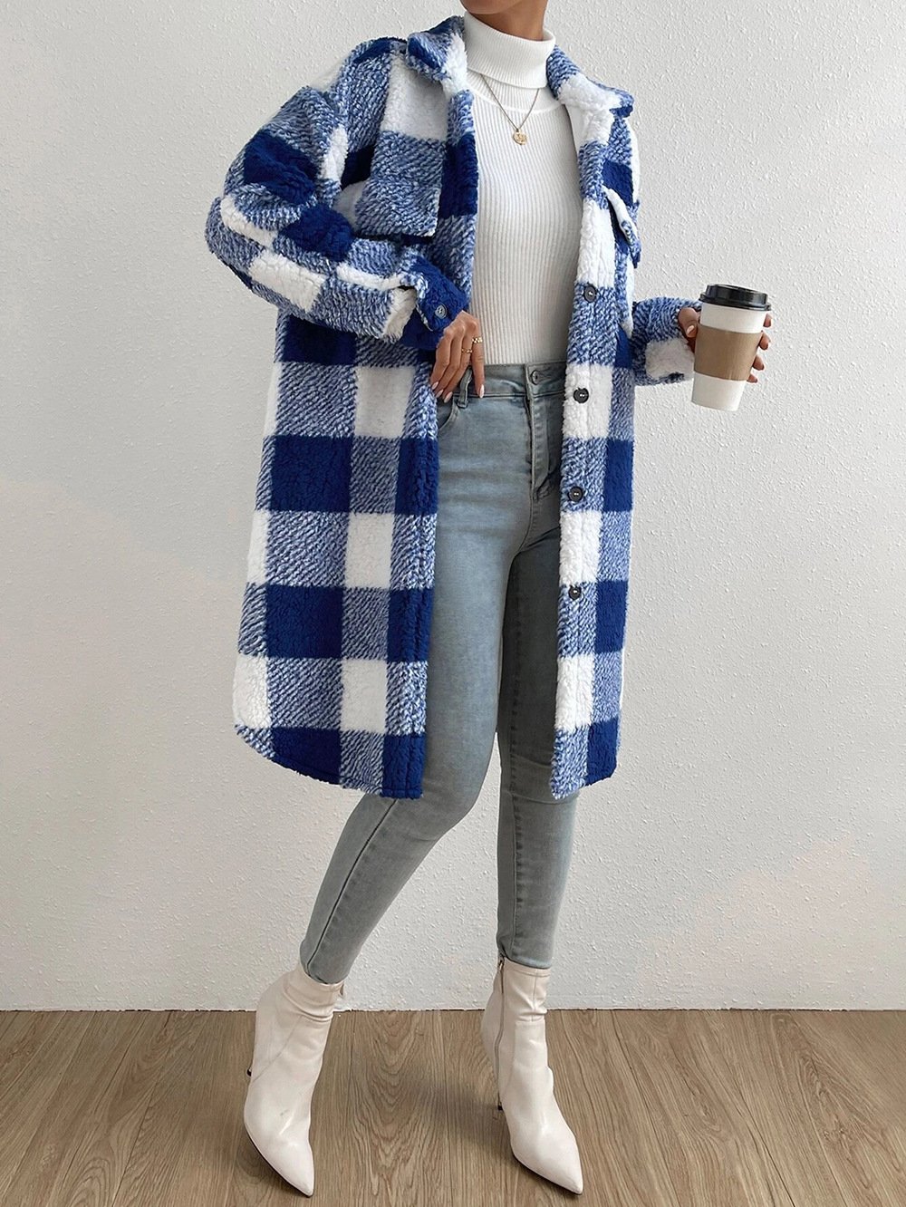 Damen Kariert Winter Oberbekleidung Lässig Print Mittellang Schalkragen Mantel