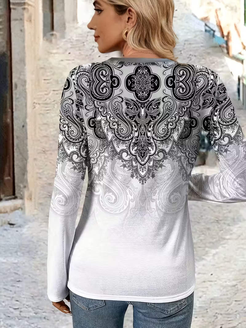 Damen Ethnisch Langarm T-Shirts T-Shirt V-Ausschnitt Print Lässig Frühling/Herbst T-Shirt mit Grafik Oberteile