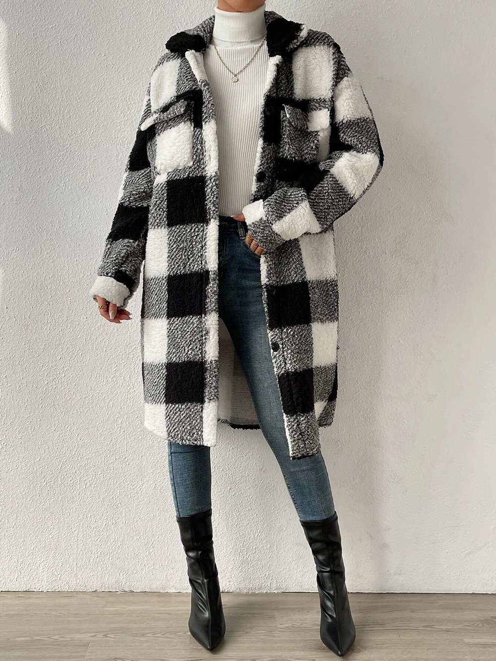 Damen Kariert Winter Oberbekleidung Lässig Print Mittellang Schalkragen Mantel