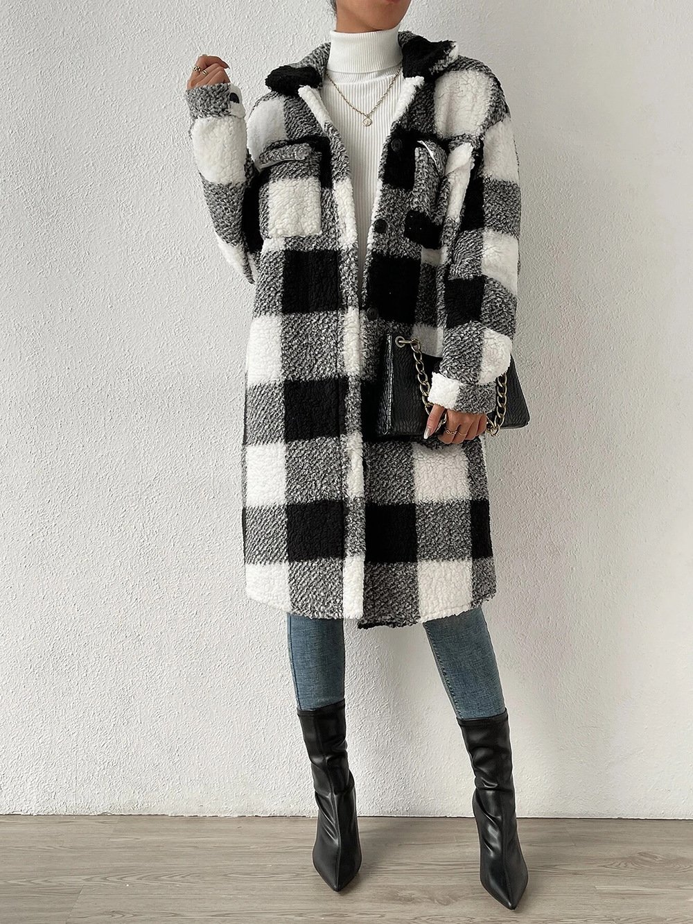 Damen Kariert Winter Oberbekleidung Lässig Print Mittellang Schalkragen Mantel