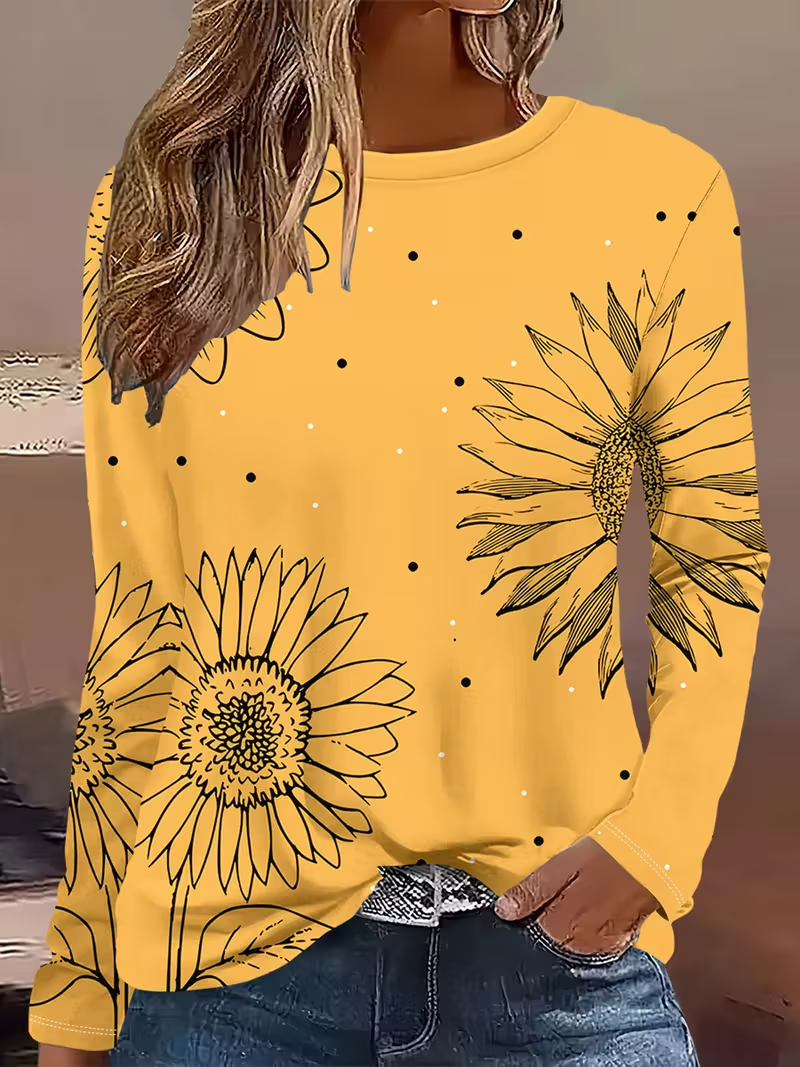 Damen Sonnenblume Langarm T-Shirts T-Shirt Rundhals Print Lässig Frühling/Herbst T-Shirt mit Grafik Oberteile