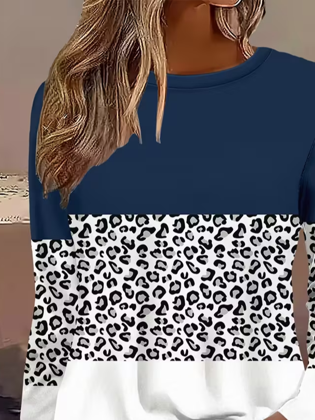 Damen Leopard Langarm T-Shirts T-Shirt Rundhals Print Lässig Frühling/Herbst T-Shirt mit Grafik Oberteile