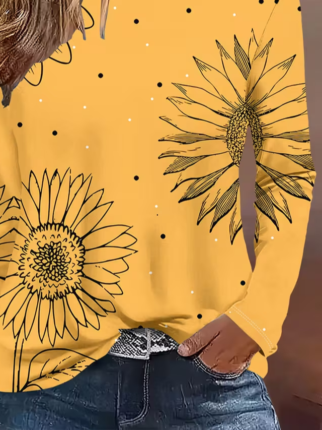 Damen Sonnenblume Langarm T-Shirts T-Shirt Rundhals Print Lässig Frühling/Herbst T-Shirt mit Grafik Oberteile