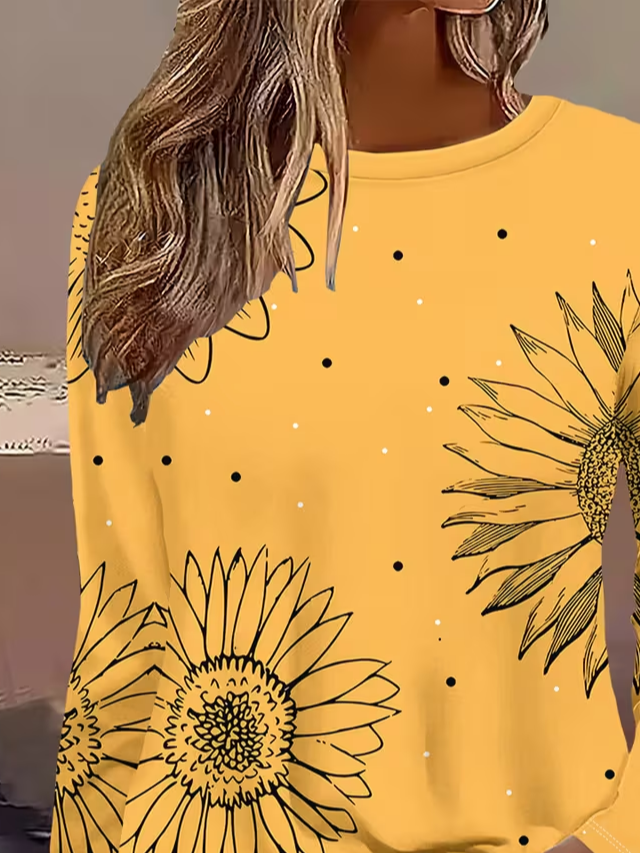 Damen Sonnenblume Langarm T-Shirts T-Shirt Rundhals Print Lässig Frühling/Herbst T-Shirt mit Grafik Oberteile