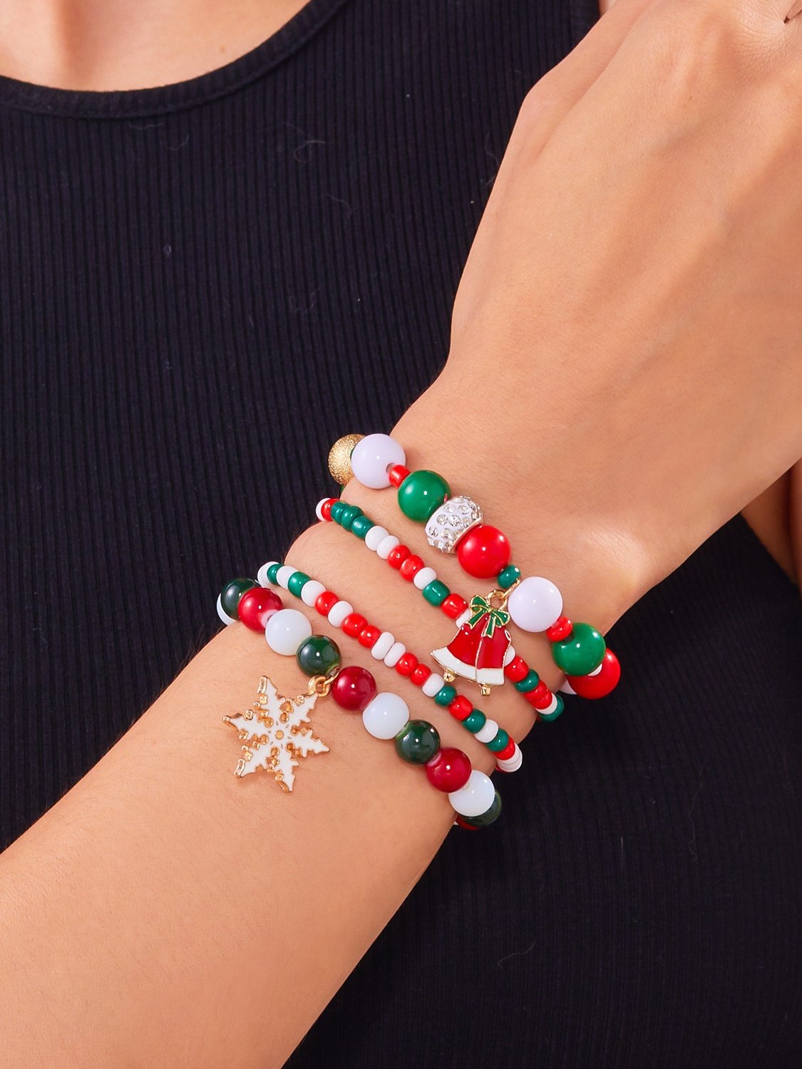 Neu Weihnachten Reis Korn Armband Vier-Pack Damen Stapeln Weihnachtsmann Schneeflocke Glocke Elch Urlaub Party Armband