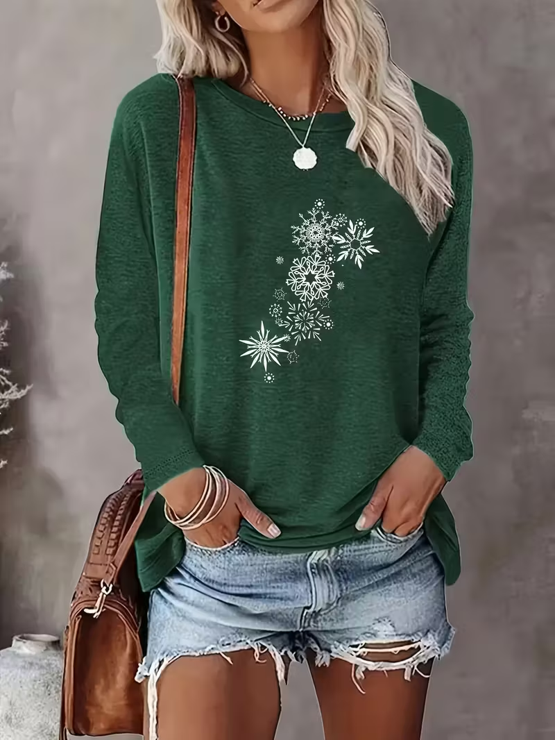 Damen Weihnachten Langarm T-Shirts T-Shirt Rundhals Print Lässig Frühling/Herbst T-Shirt mit Grafik Oberteile