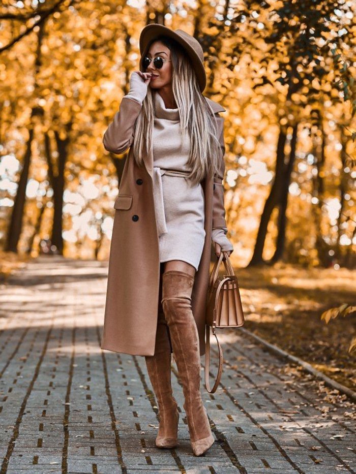 Damen Unifarben Langarm Frühling/Herbst Nahtverarbeitung Kleid Rollkragen Täglich Retro Mini Hüftrock Figurbetontes Kleid