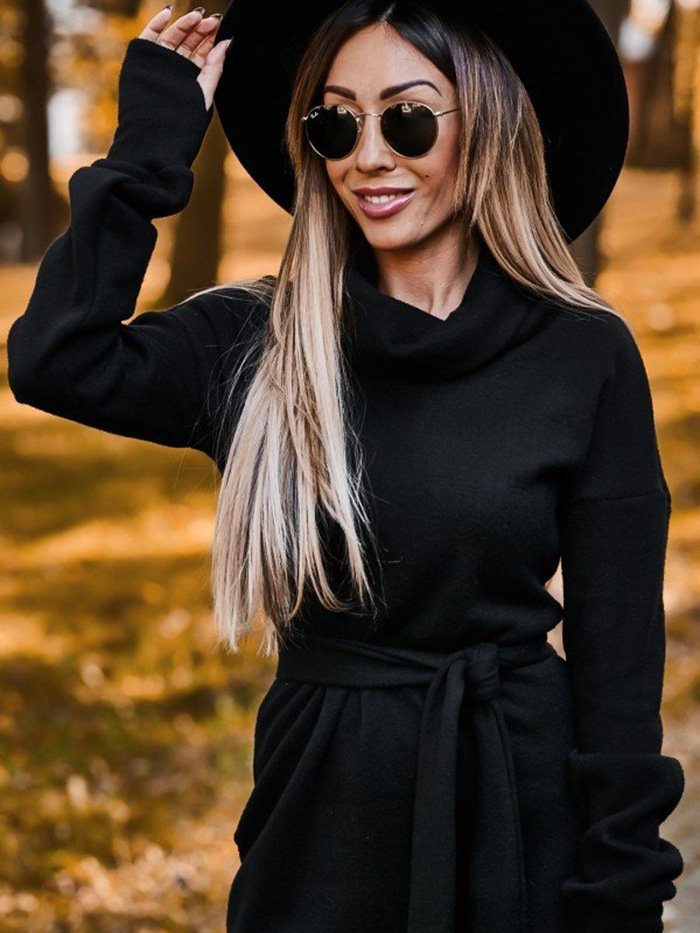 Damen Unifarben Langarm Frühling/Herbst Nahtverarbeitung Kleid Rollkragen Täglich Retro Mini Hüftrock Figurbetontes Kleid